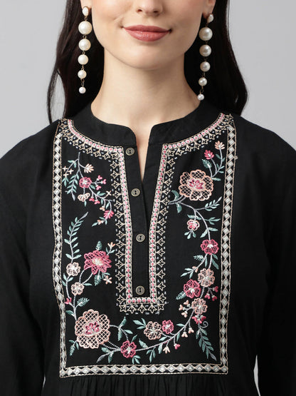 Black Rayon Yoke Embroidered A-line Top - Tarini - Distacart