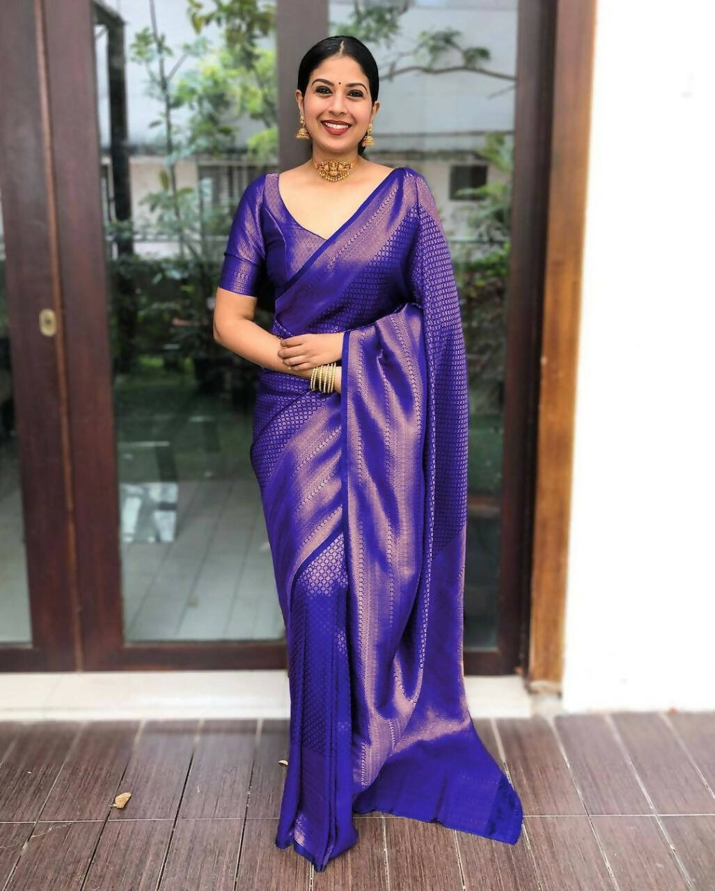 DEIANA'S Beautiful Golden Jari with New Design Soft Lichi Silk Saree - Royal Blue - Distacart