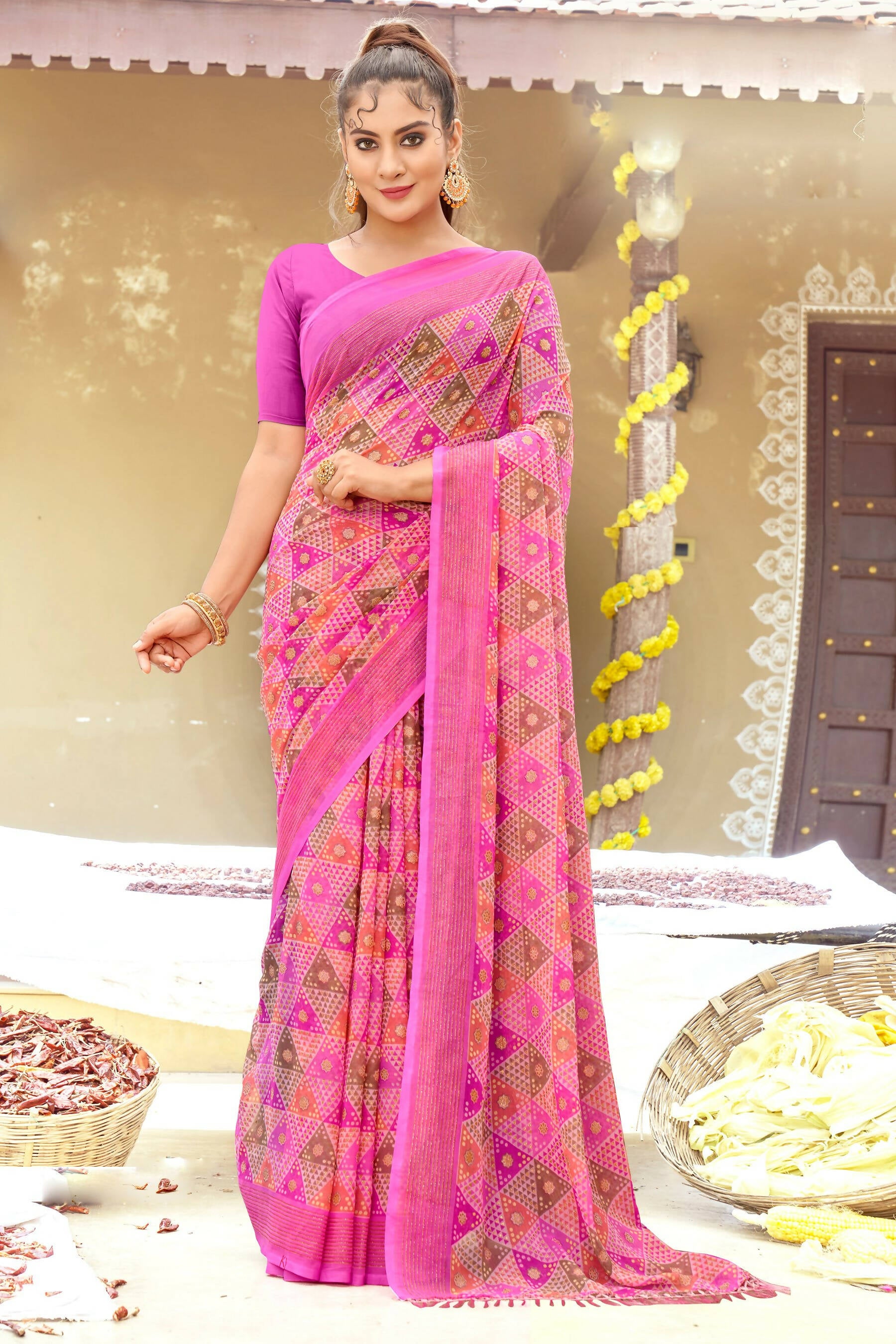 Pink Chiffon Printed Ivory Print and Zari work Saree with Unstitched Blouse Piece - Shanaya - Distacart