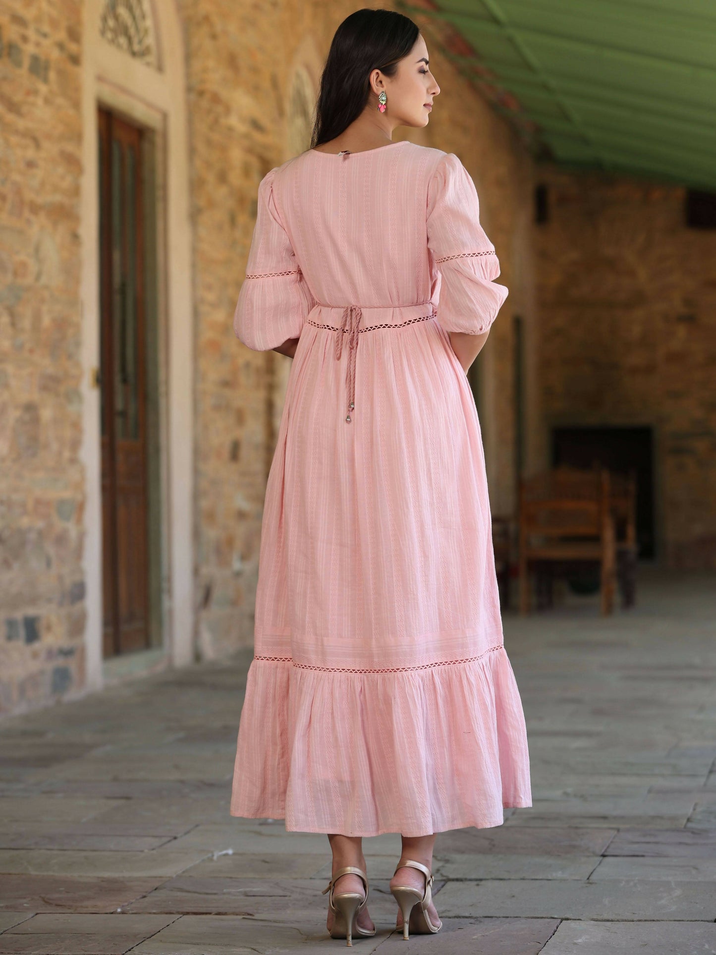 Juniper Women's Pink Cotton Dobby Embroidered Flared Dress - Distacart