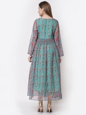Myshka Blue Color Organza Printed Dress