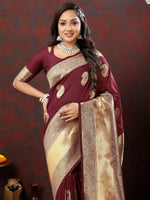 Thumbnail for Lorenvalley Fashion Maroon Soft Silk Woven Design Gold Zari Weaving Saree - Distacart