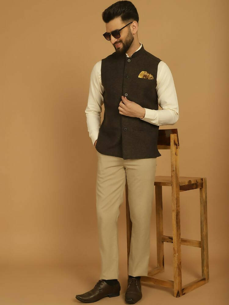 Even Apparels Pure Wool Nehru Jacket - Brown - Distacart