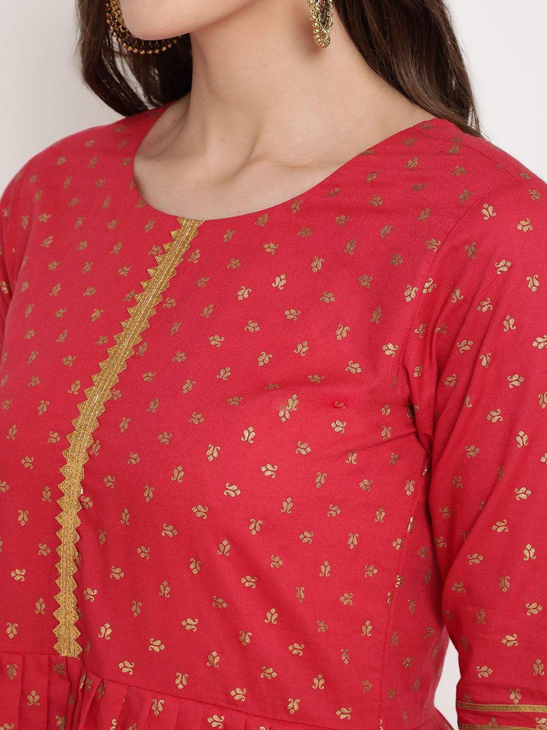 Ahalyaa Women's Red Cotton Gold Print Kurta Sharara Set