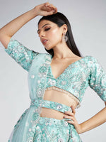 Thumbnail for House of Panchhi Turquoise Blue Organza Sequins, Zarkan And Thread Embroidery Lehenga Choli & Dupatta - Distacart