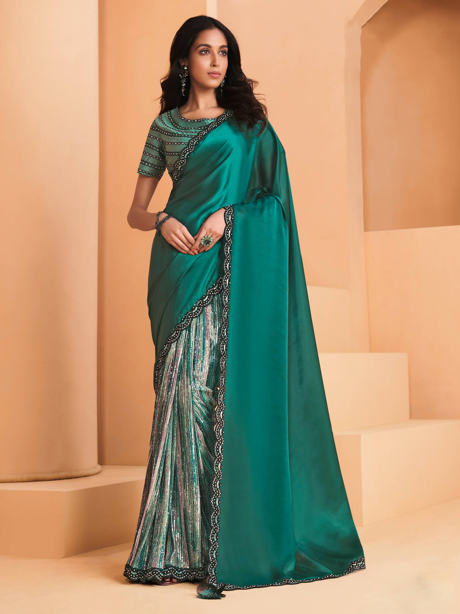 Sea Green Satin Crepe Silk Sequence Embroidered Saree With Unstitched Blouse - Mohmanthan Yavanika - Distacart