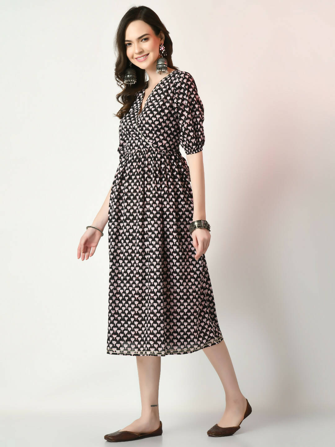 Myshka Women's Black Empire Printed Dress - Distacart