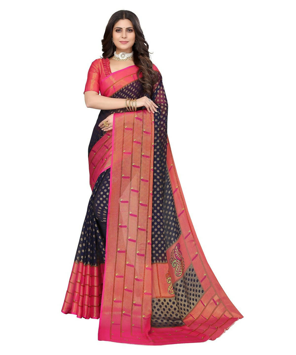Vamika Navy Blue Chiffon Brasso Bollywood Style Woven Saree (DIMPLE NAVY) - Distacart