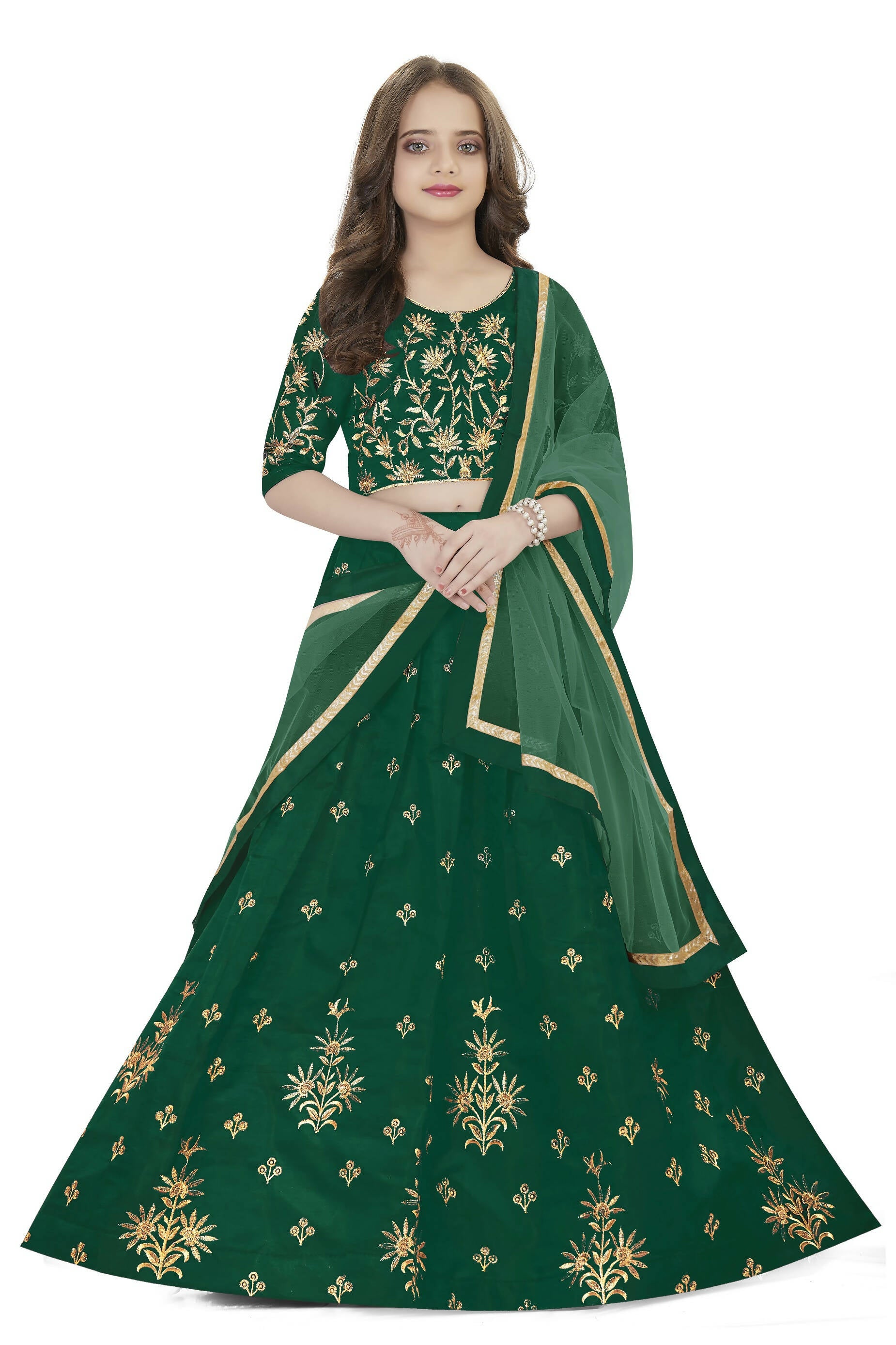 Dwiden Green Rohini Tafetta Sattin Semi-Stitched Girl's Lehenga Choli - Distacart