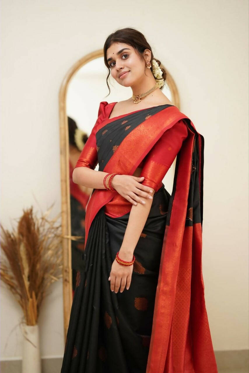DEIANA'S Beautiful Golden Jari with New Design Soft Lichi Silk Saree - Black - Distacart