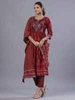 Thumbnail for Juniper Women Maroon Cotton Cambric Batik texture Printed Kurta, Pants and Dupatta Set - Distacart