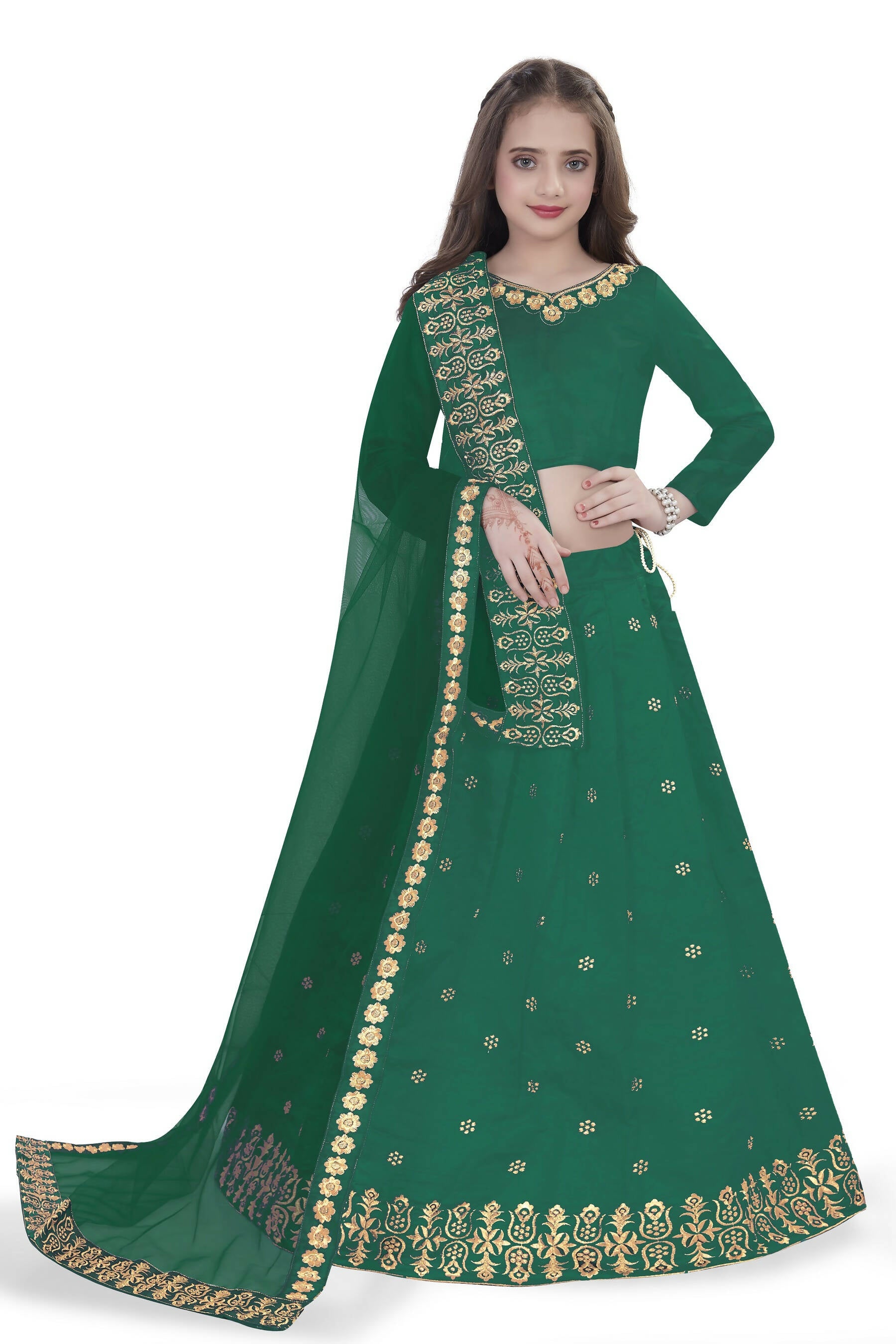Dwiden Green Queen Tafetta Sattin Semi-Stitched Girl's Lehenga Choli - Distacart
