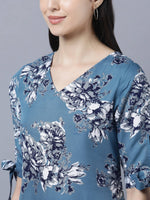 Thumbnail for Myshka Women Teal Blue Grey Printed A-line Dress - Distacart