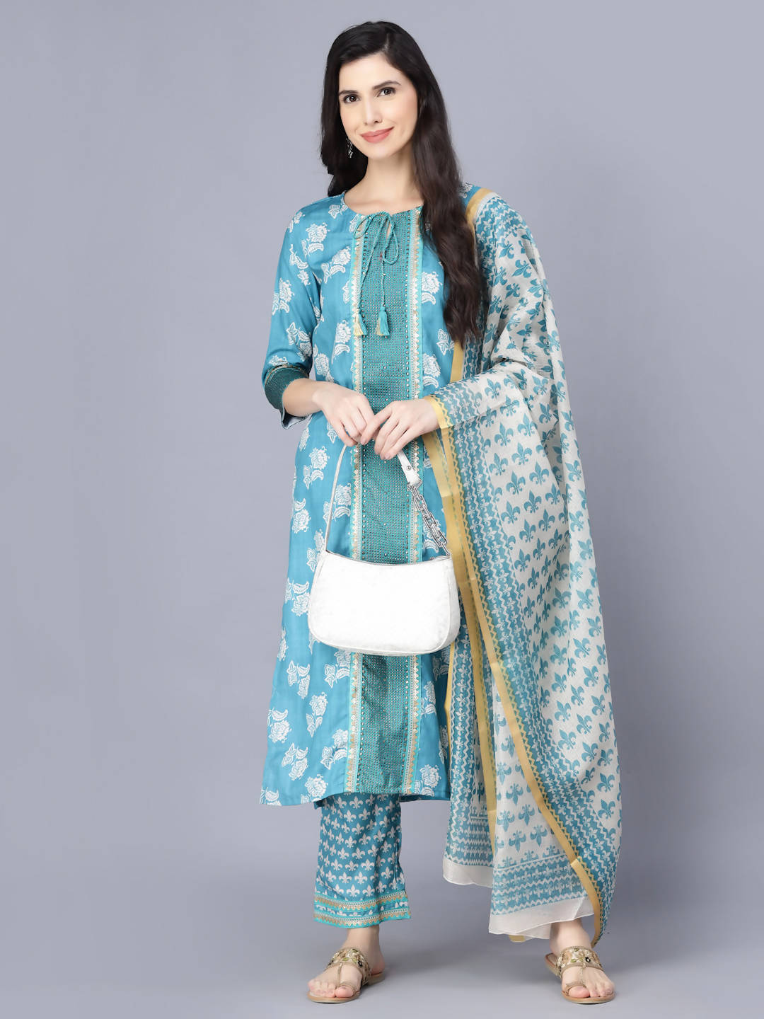 Myshka Women Blue Ethnic Motifs Printed Kurta with Trousers With Dupatta - Distacart