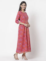 Thumbnail for Myshka Women's Pure Red Color Cotton Round Neck Printed 3/4 Sleeve Dress
