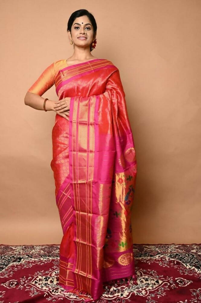 Very Much Indian Silk Handloom Maharani Paithani Complete Brocade Work Throughout Saree Peach Pink - Distacart