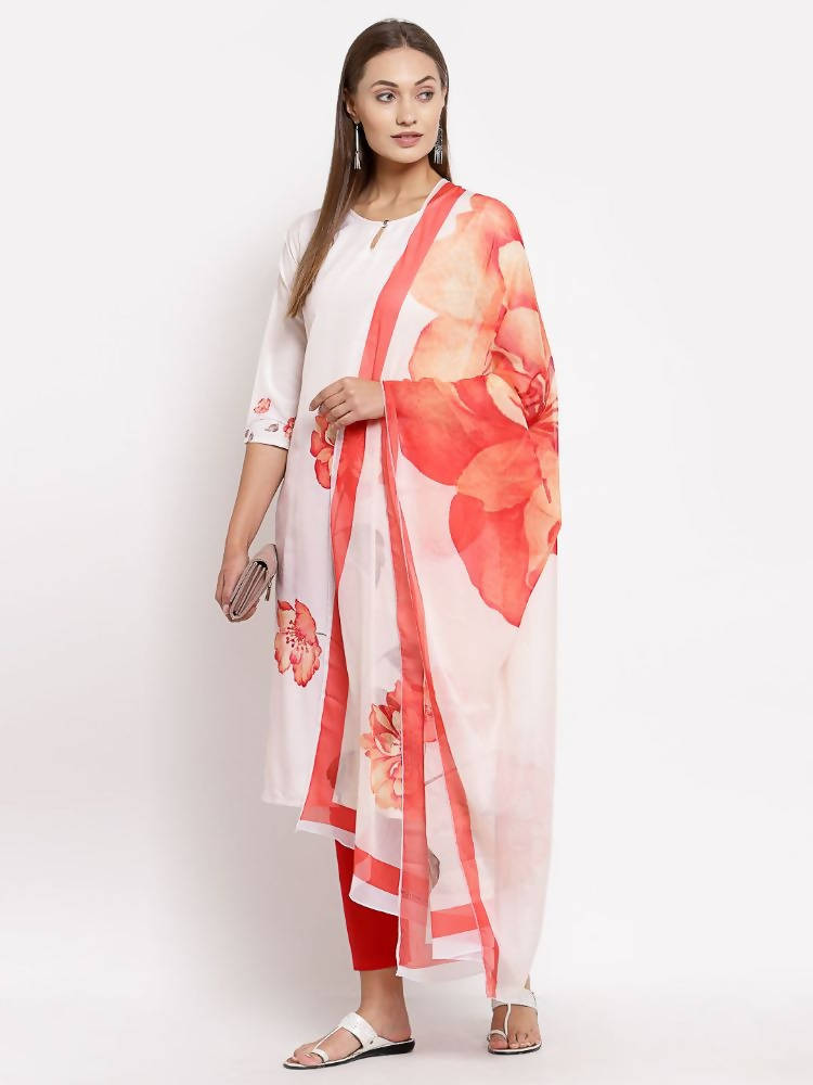 Myshka Women's White Printed Cotton Printed 3/4 Sleeve Round Neck Casual Kurta Pant Dupatta Set