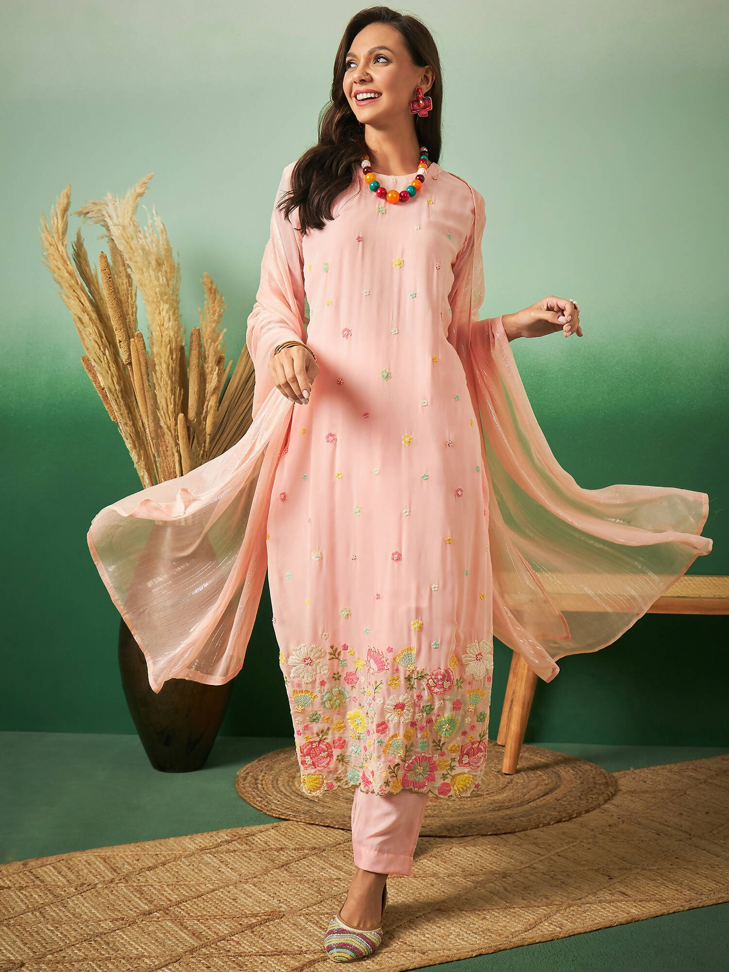 Peach Georgette Handwork Unstitched Dress Material - Hanika - Distacart