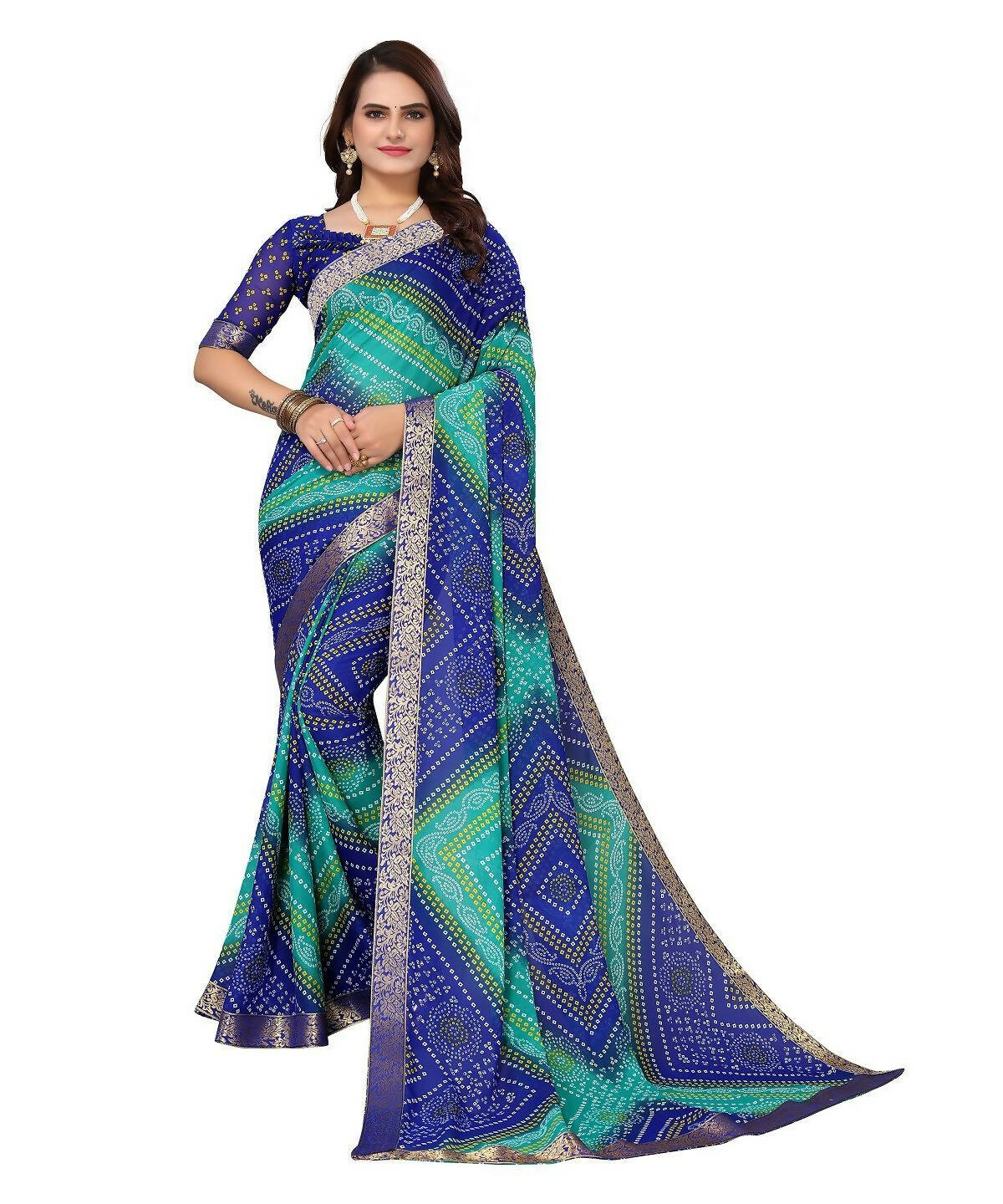 Vamika Blue Georgette Printed With Lace Saree (VERA BLUE) - Distacart
