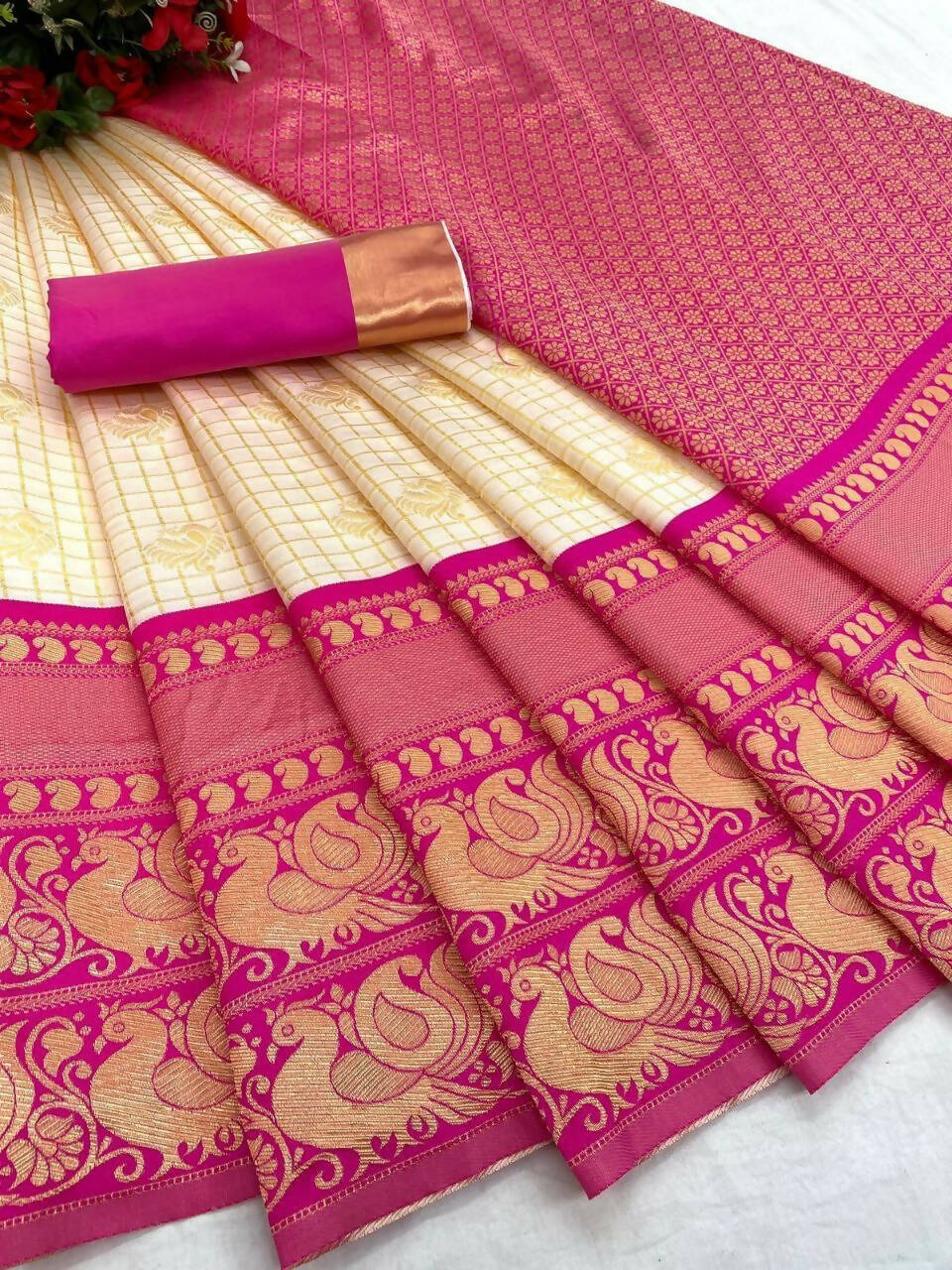 DEIANA'S Beautiful Golden Jari with New Design Soft Lichi Silk Saree - White - Distacart