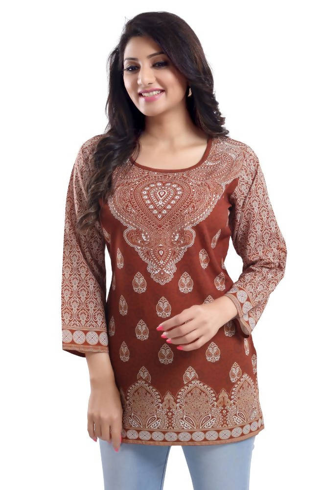 Snehal Creations Faux Crepe Rust Short Kurti Tunic Top