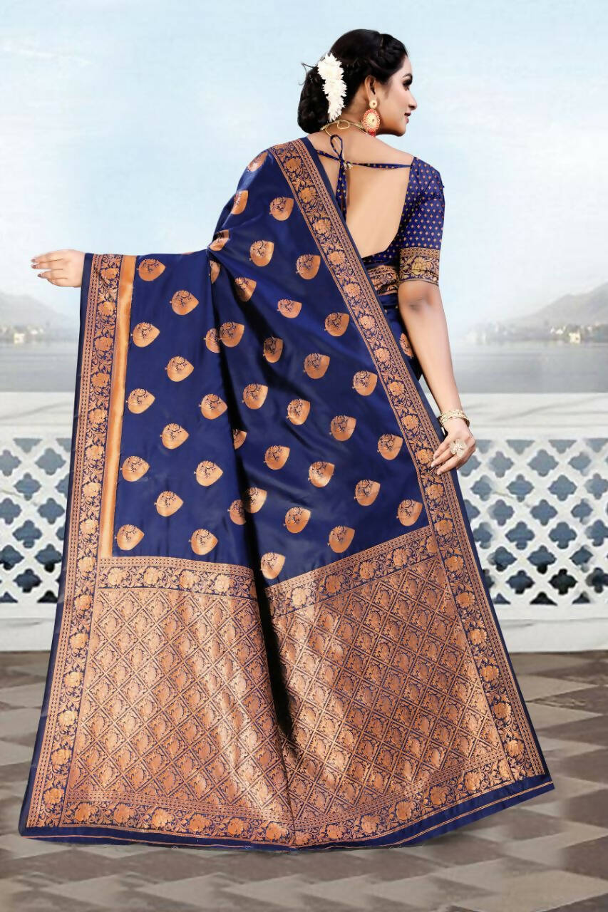 DEIANA'S Beautiful Golden Jari with New Design Soft Lichi Silk Saree - Blue - Distacart