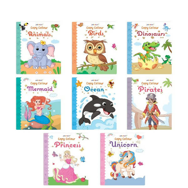 Jolly Kids Big Copy Colour Books Set of 8| Colouring Theme Animals, Flowers, Dinosaurs, Mermaid, Ocean, Pirates, Princess & Unicorn Ages 3-10 Years - Distacart
