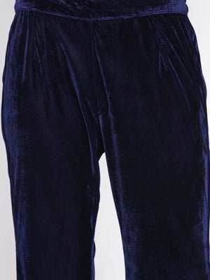 Women Republic Navy Blue Velvet Embroidered Kurta With Bellbottom Pants - Distacart