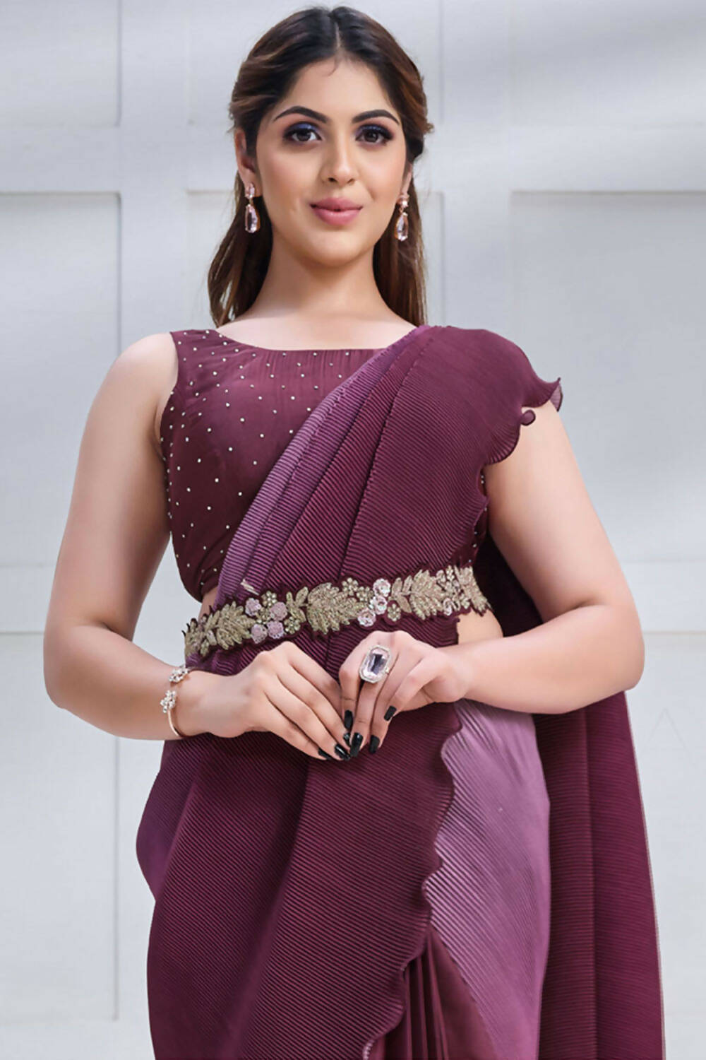 Wine Crepe satin silk Texture with Cord & Sequence Embroidered and Stone work Saree - Mohmanthan Majestica - Distacart