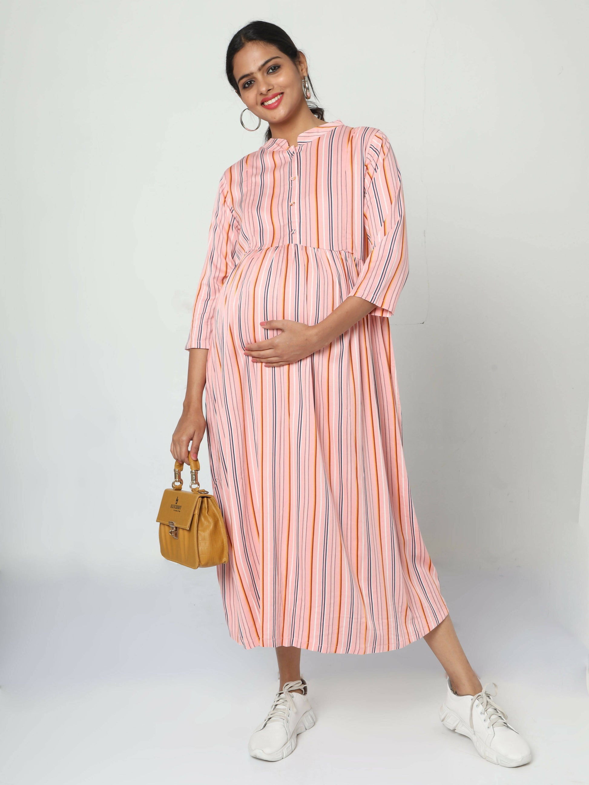 Manet Three Fourth Maternity Dress Strip Print With Concealed Zipper Nursing Access - Pink - Distacart