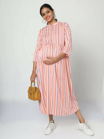 Manet Three Fourth Maternity Dress Strip Print With Concealed Zipper Nursing Access - Pink - Distacart