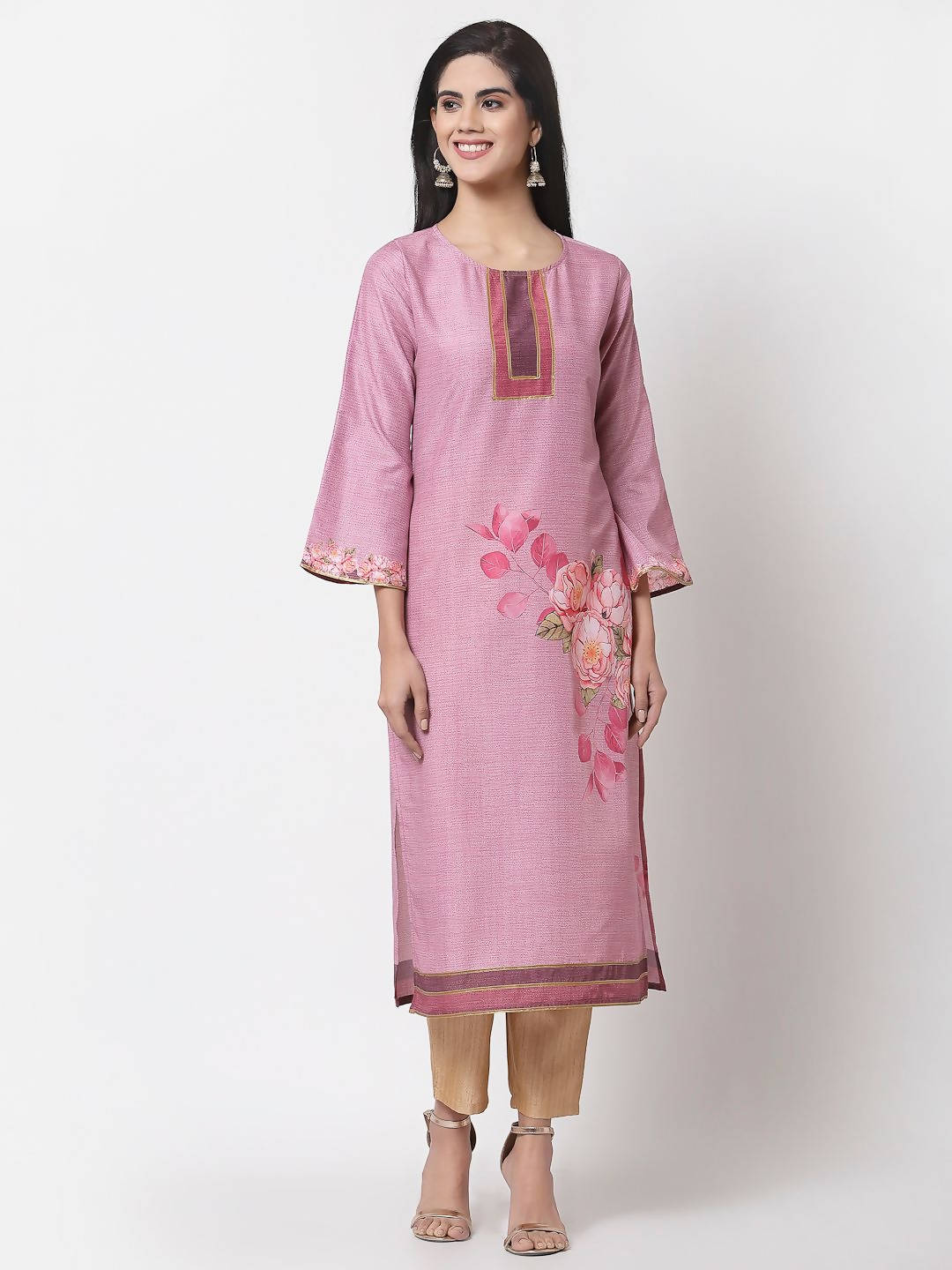 Myshka Pink Cotton Printed Full Sleeve Round Neck Casual Kurta