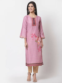 Thumbnail for Myshka Pink Cotton Printed Full Sleeve Round Neck Casual Kurta