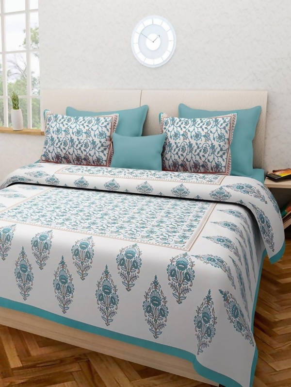 Vamika Printed White & Sea Green Cotton White Bedsheet With Pillow Covers (LEOC_GMLA_SG) - Distacart