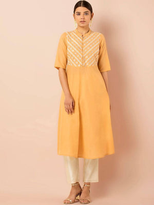 Indya Women Yellow Embroidered A-Line Kurta - Distacart