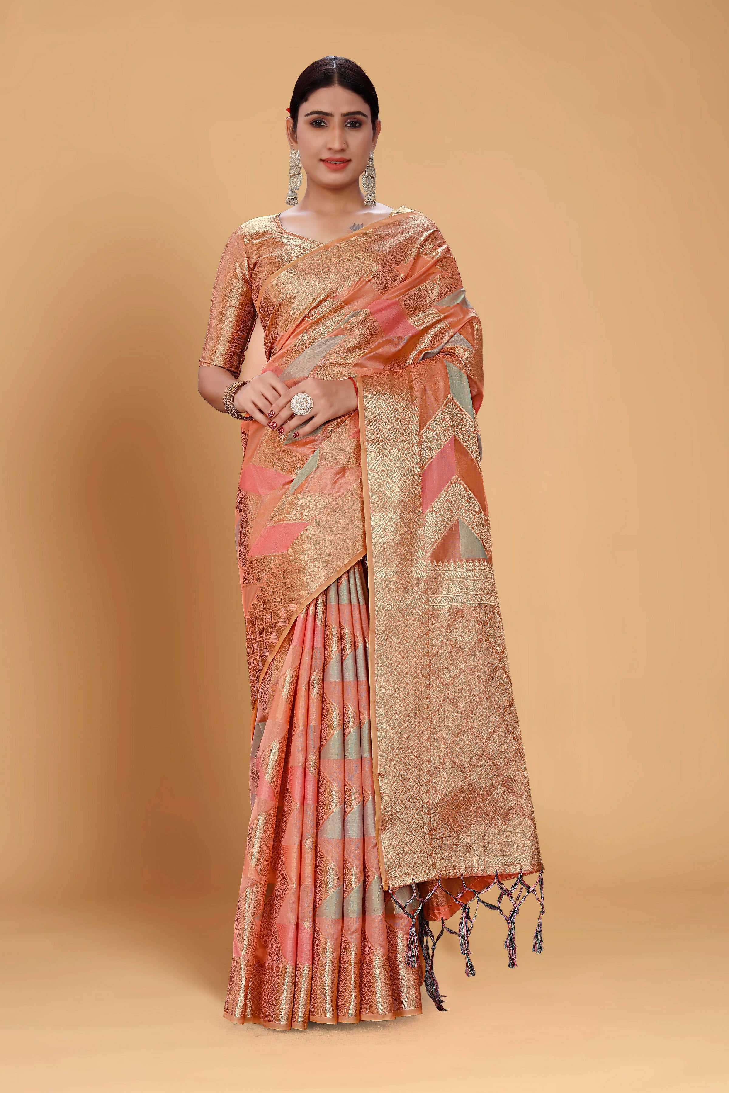 Peach Soft Organza Woven Design Saree With Unstitched Blouse Piece - Zaara - Distacart