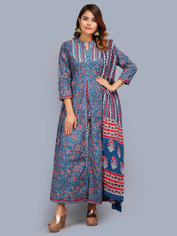 Shehnai Blue Anarkali Double Dress With Matching Printed Dupatta