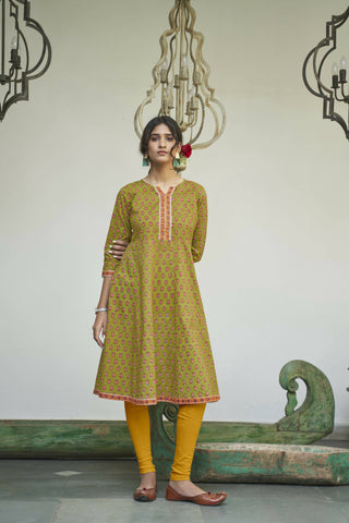 Green Cotton Floral Printed A line Kurta - Prasuti - Distacart