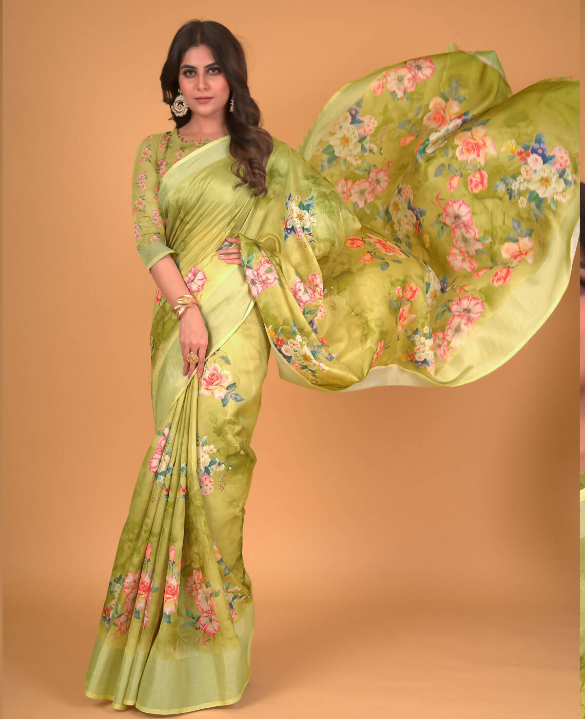 Green Cotton Silk Floral Printed Saree With Unstitched Blouse Piece - Akshita - Distacart