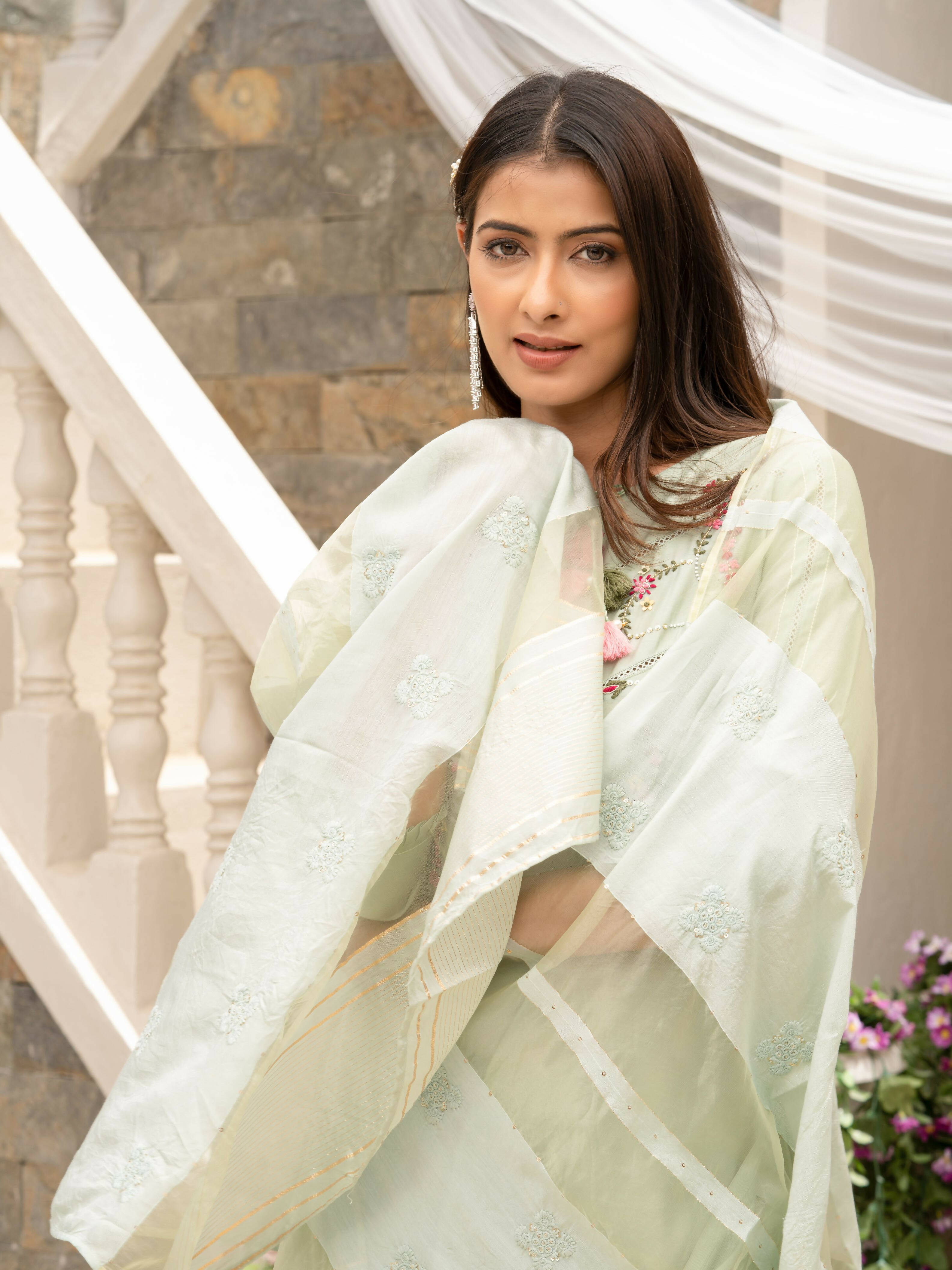 Pista Roman Silk Plain Kurta with Pant & Dupatta - Disha - Distacart