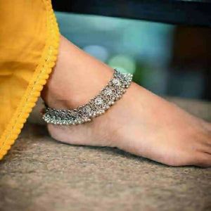 Mominos Fashion Traditional Wear Oxidised Silver Plated Anklets