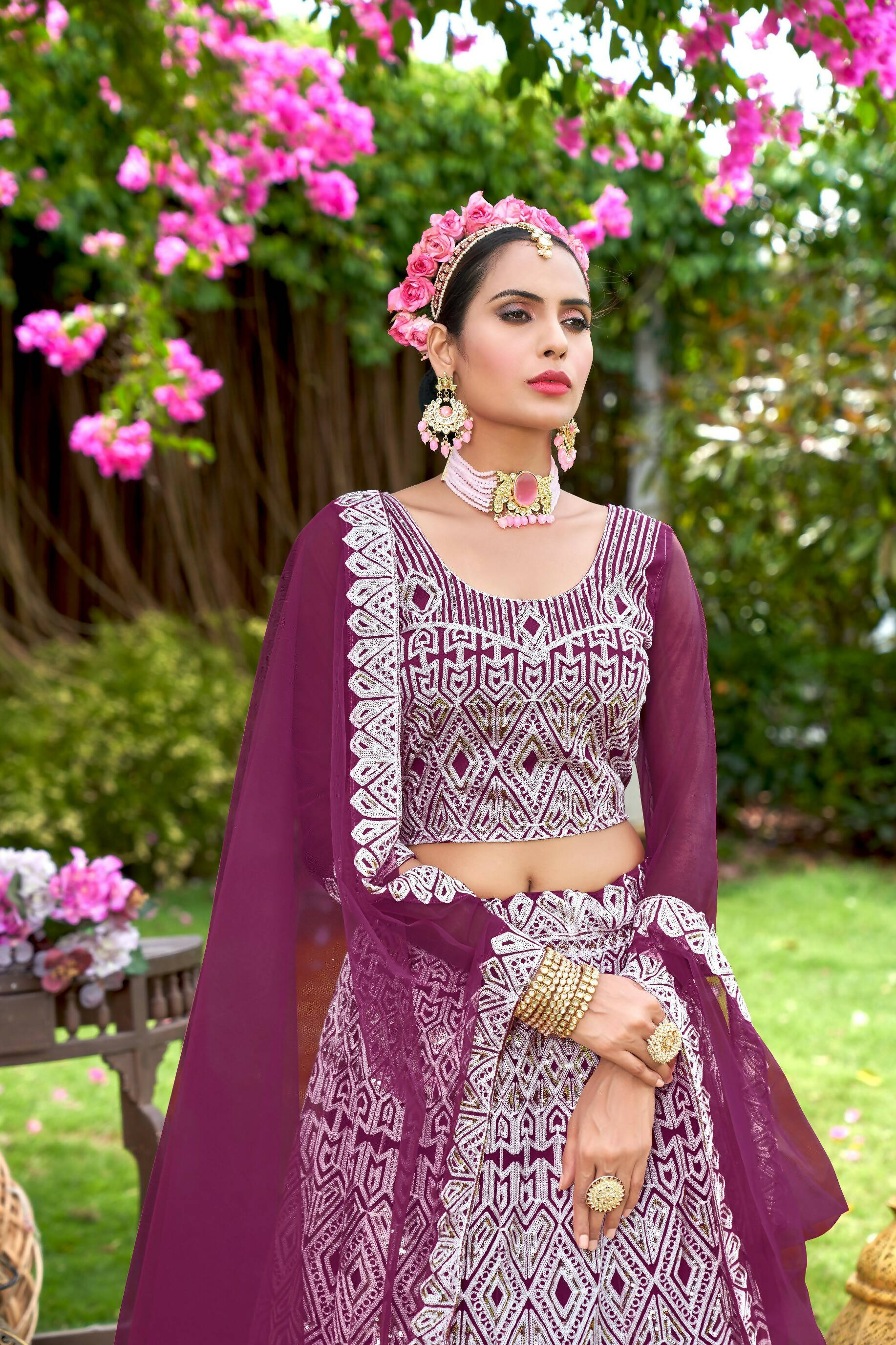 Purple Net Embroidered Semi Stitched Lehenga Choli with Dupatta - Bhagya - Distacart