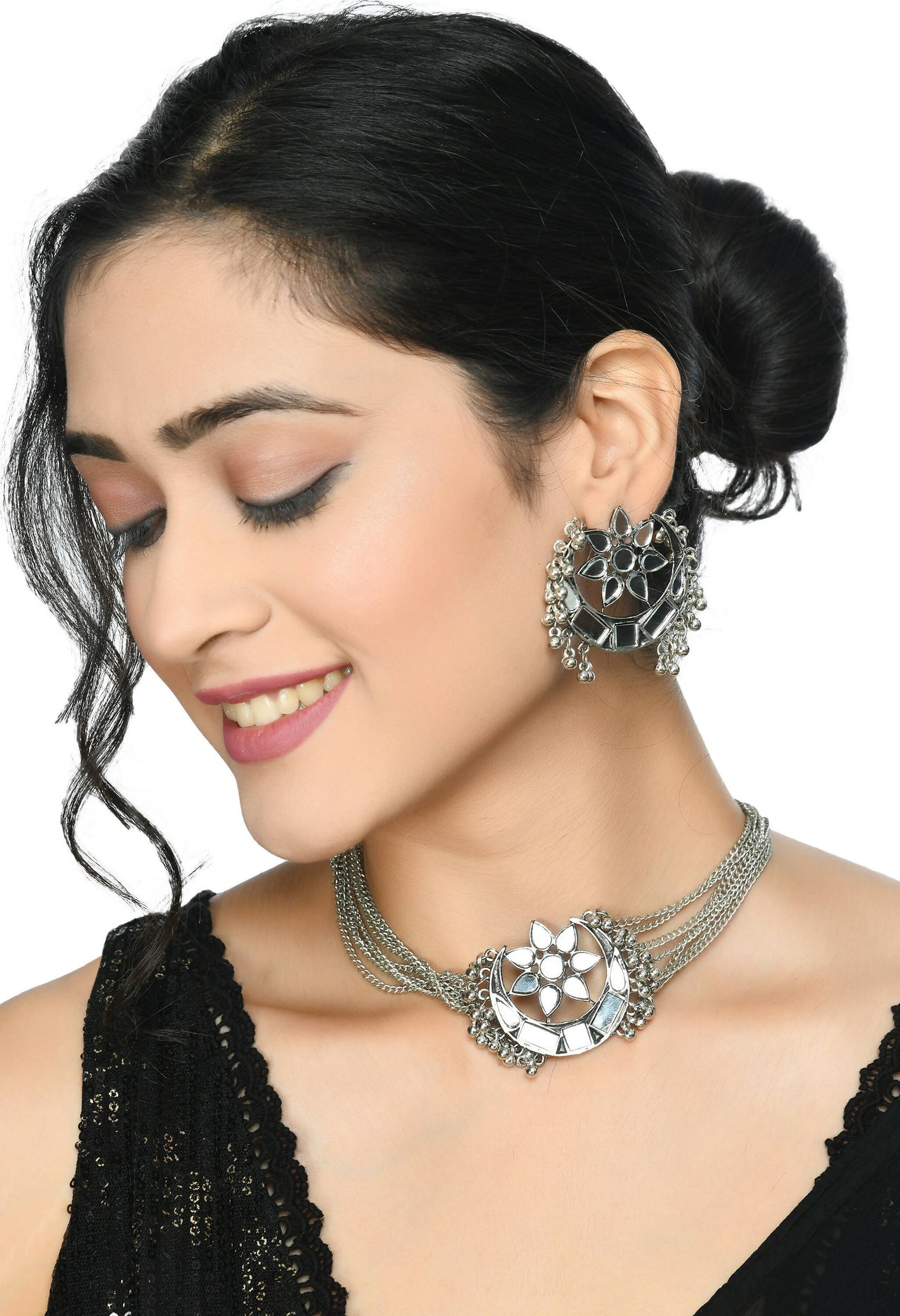 Mominos Fashion Johar Kamal Silver-Plated Brass Finish Mirror Work Choker For Women - Distacart
