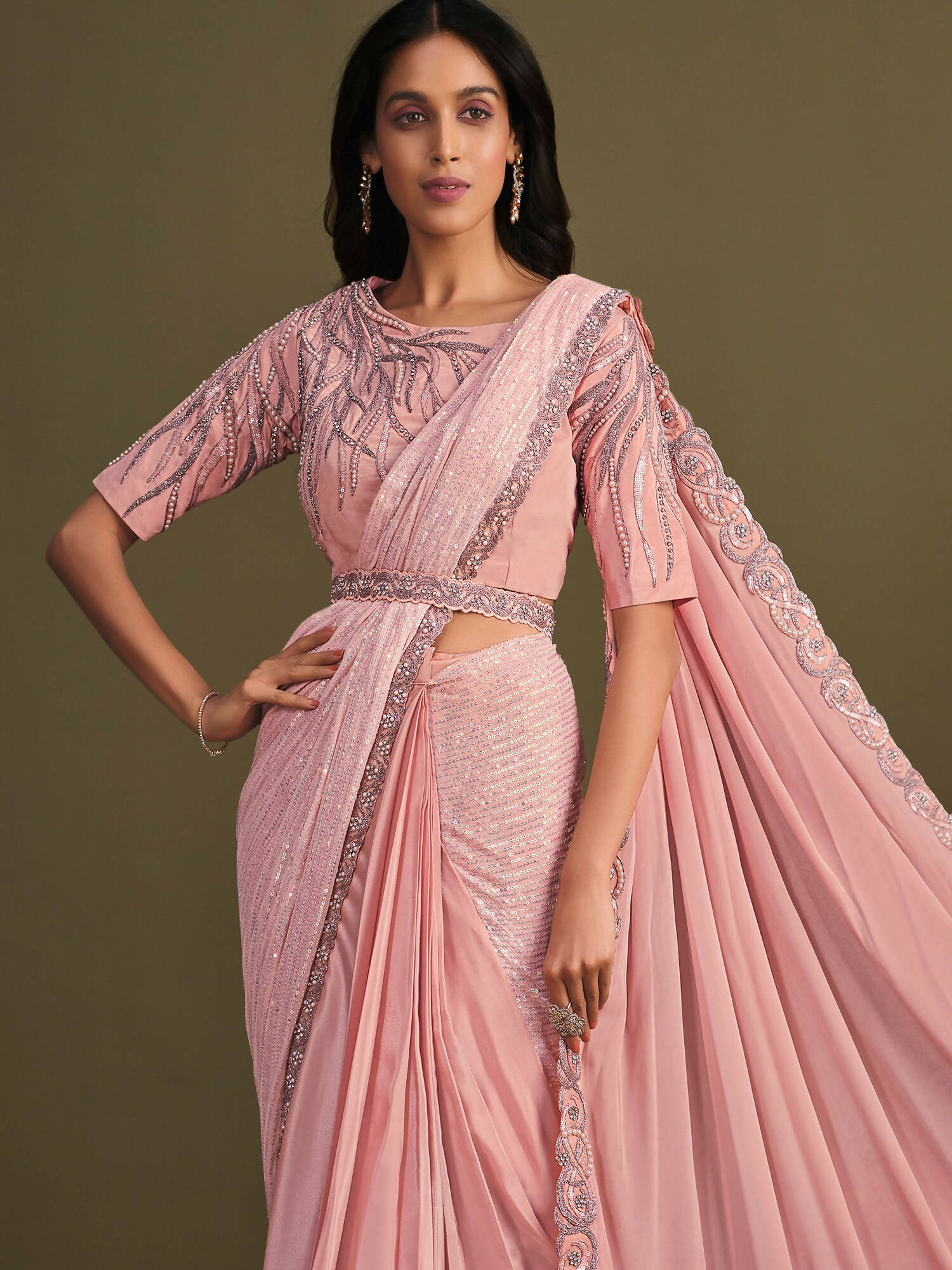 Peach Georgette Crepe Silk Sequence Embroidered Saree With Stitched Blouse - Mohmanthan La Belle - Distacart