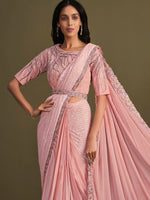 Thumbnail for Peach Georgette Crepe Silk Sequence Embroidered Saree With Stitched Blouse - Mohmanthan La Belle - Distacart