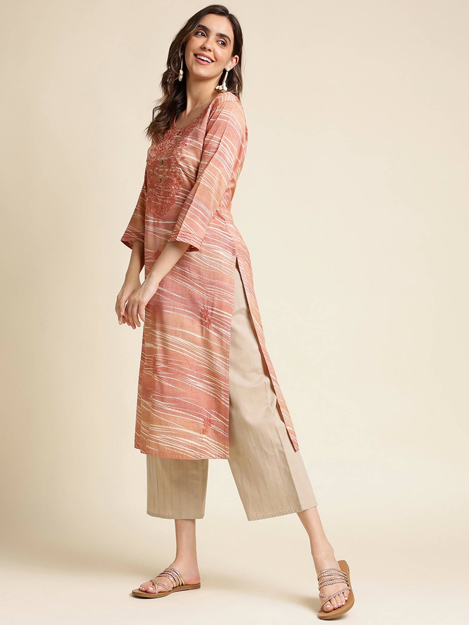 Peach Poly Rayon Stripe Printed Straight Fit Kurta - Prasuti - Distacart