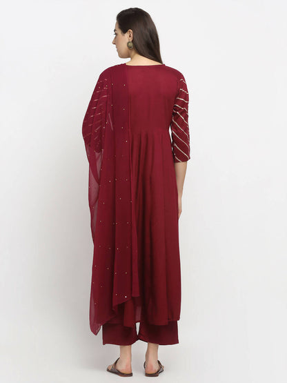Rudra Bazaar Wine Angrakha Style Flared Anarkali Kurta with Pyjamas & Dupatta - Distacart