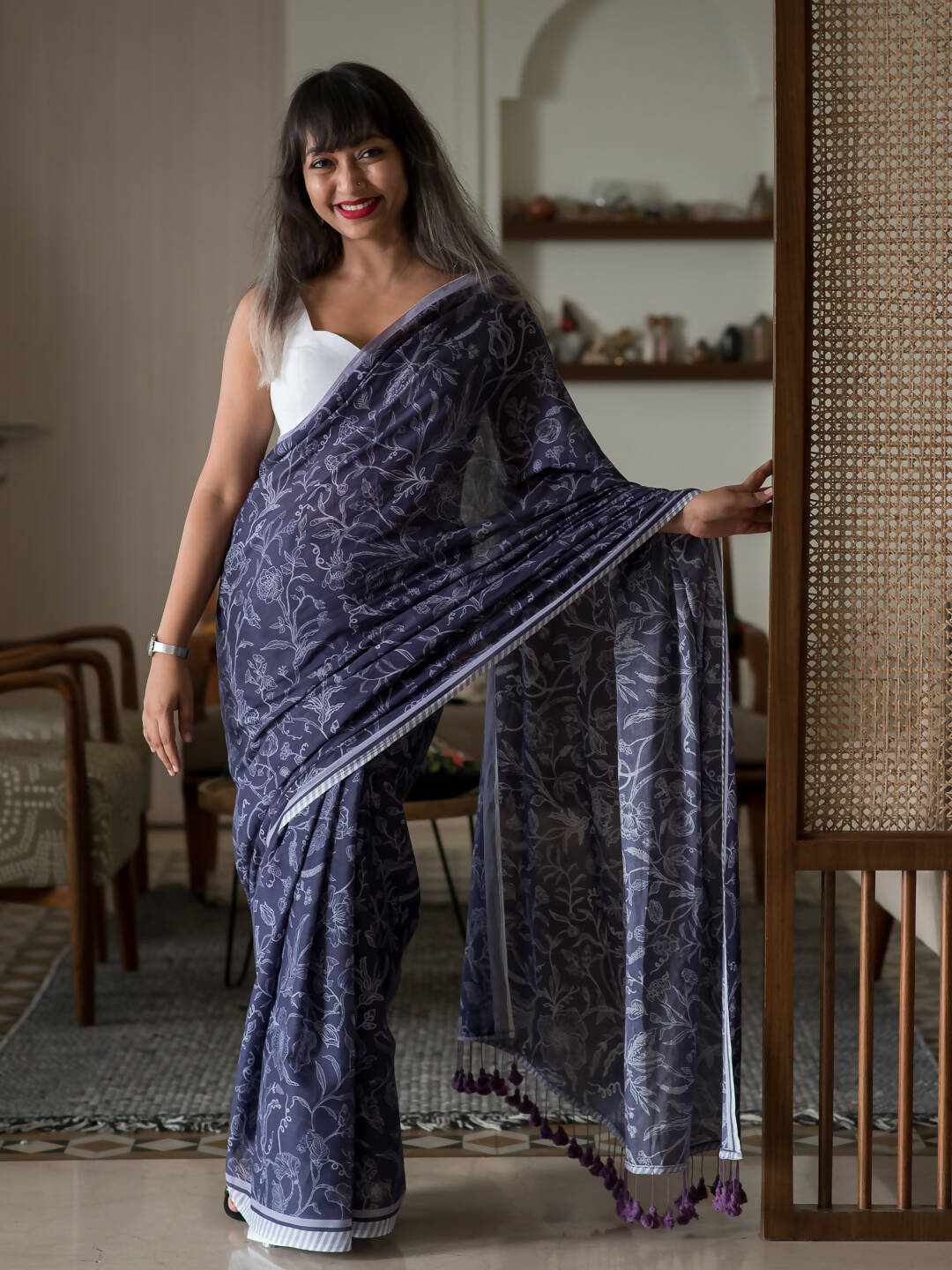 Suta Purple Floral Pure Cotton Saree - Distacart