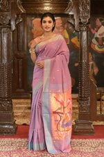 Thumbnail for Very Much Indian Handloom Pure Cotton Paithani Peacock Pallu-Dual Tone Blue Pink - Distacart