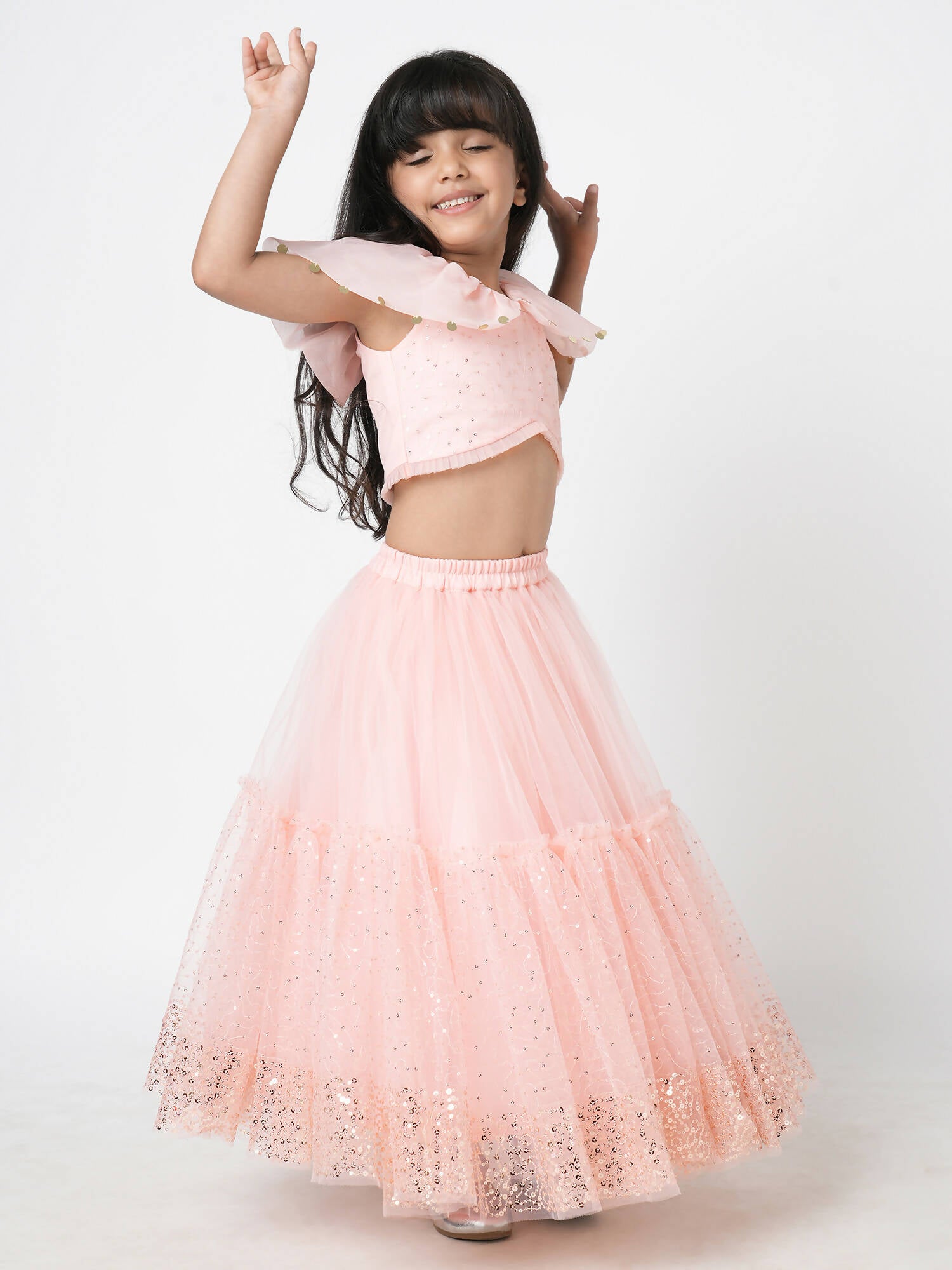 Lil Drama Paris Nights Girls Peach Sequin Embroidered Lehanga Choli - Distacart